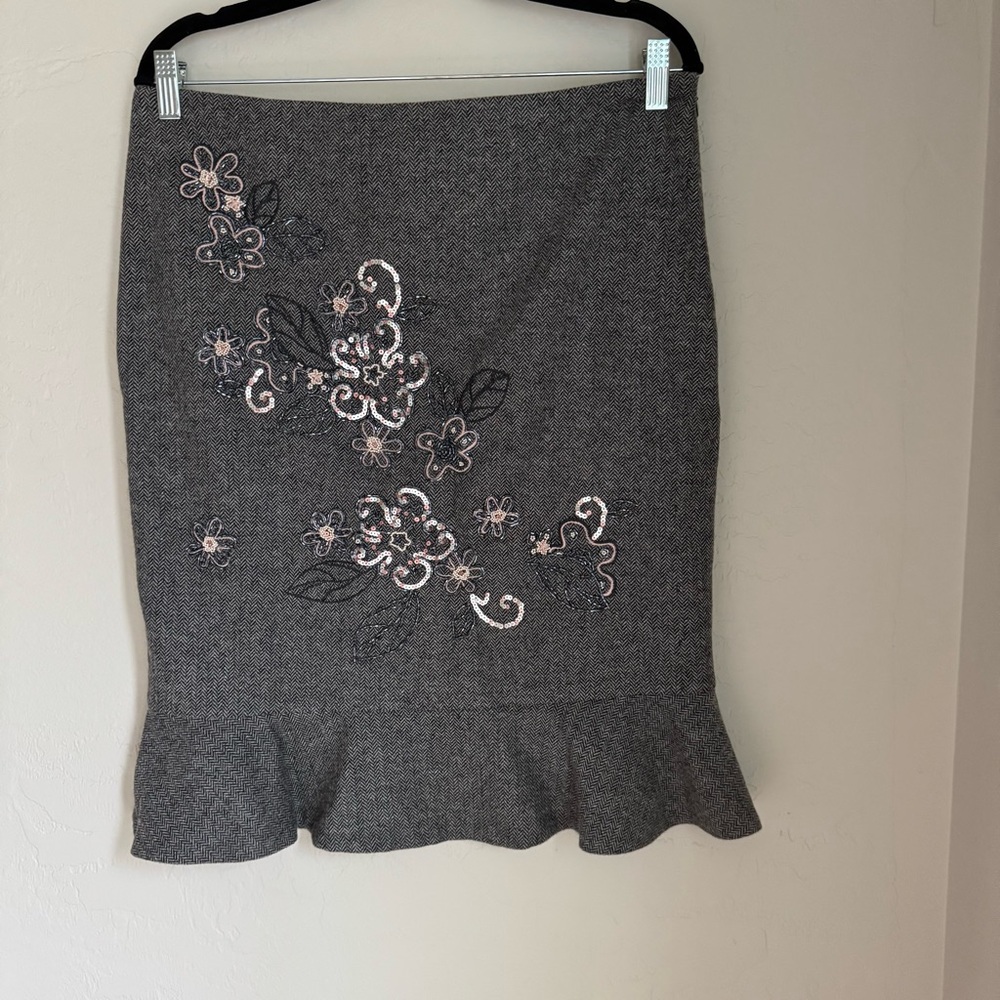 Laundry By Shelli Segal 2pc Wool Skirt Suit Herringboned Flower Embroidery - Picture 14 of 16